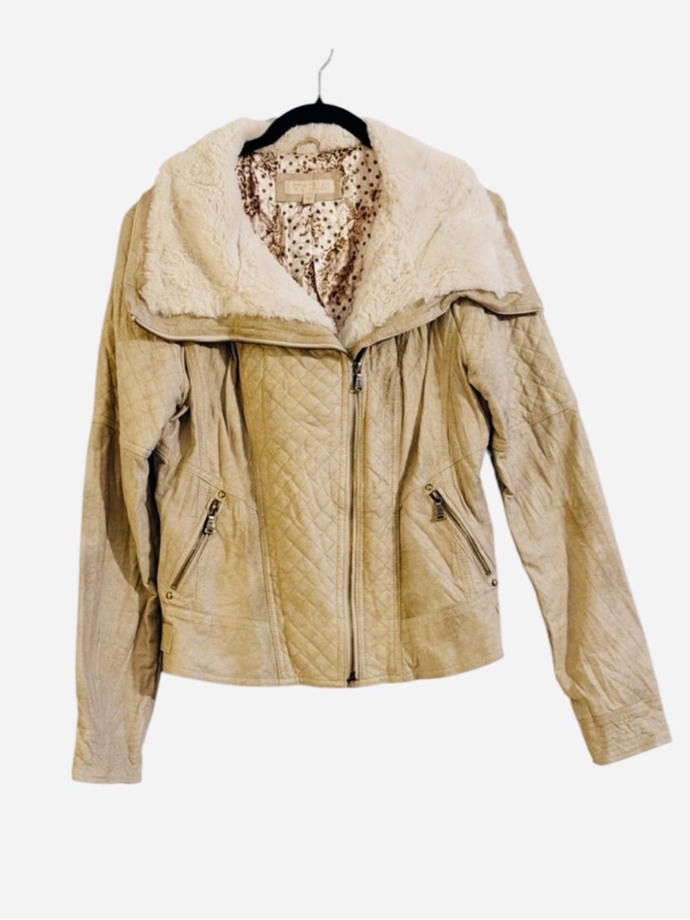 Guess Tan Quilted Bomber Jacket with Plush Fur Collar Size L